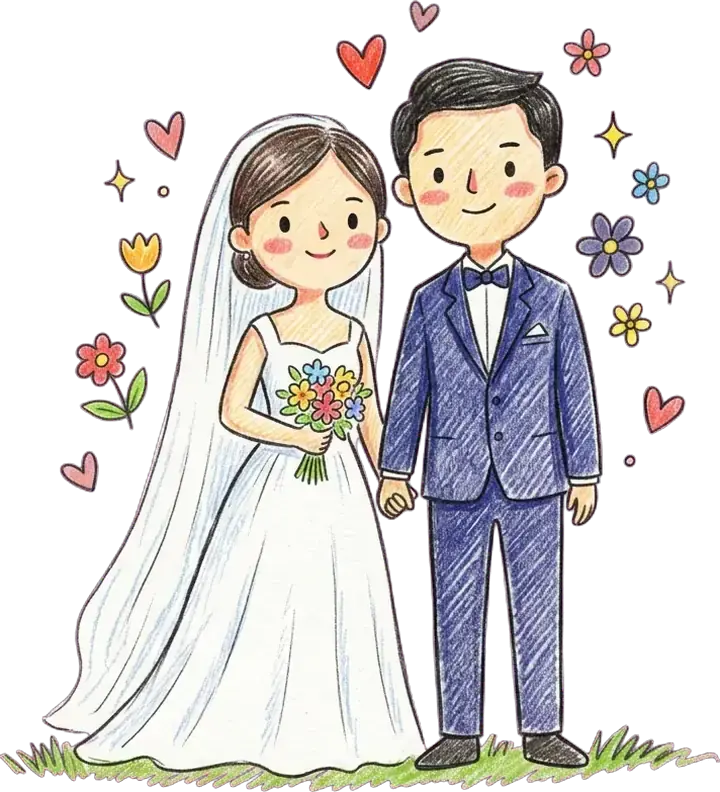 Ilustrasi pengantin pria dan wanita bergandengan tangan