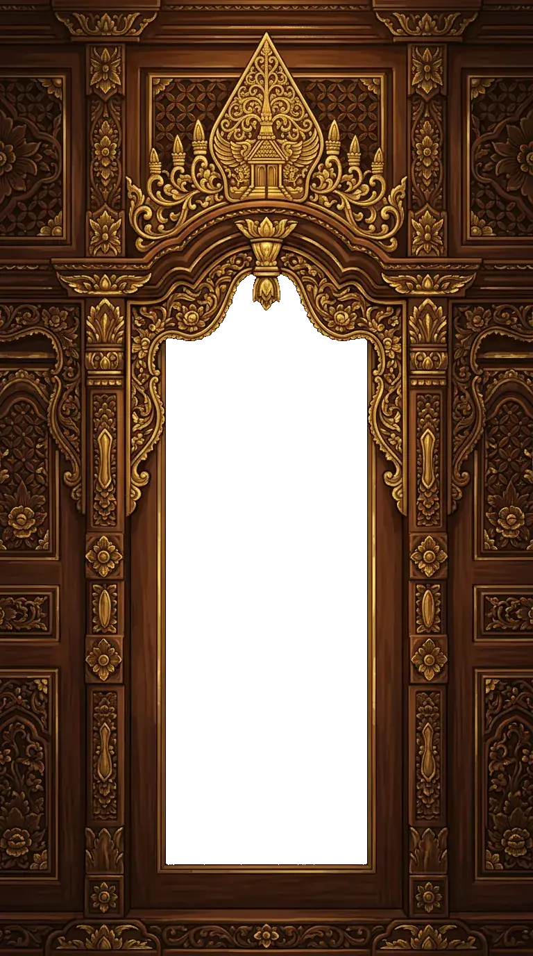 Gebyok ukir Jawa dengan pintu kayu sogan yang tertutup