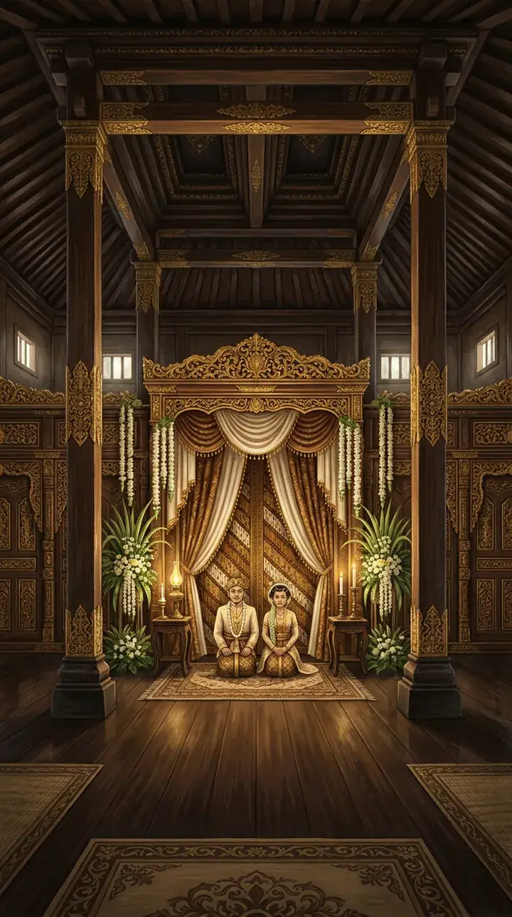 Dalem Ageng keraton dengan krobongan, tirai batik, kembar mayang, dan untaian melati